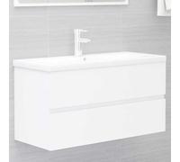 Teenpull Armoire d'évier en Bois d'ingénierie Blanc avec lavabo intégré céramique 90x38,5x45 cm Meuble-lavabo tiroir Robinet trop-Plein pour Salle de Bain Rangement Pratique