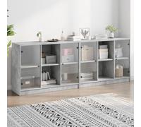 Teenpull Bibliothèque Gris béton avec Portes en Verre 204x37x75 cm Bois d'ingénierie 12 Compartiments Rangement pour Salon Salle à Manger Meuble Buffet Buffet Cabinet
