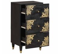 Teenpull Buffet avec étagère - Noir - 40 x 33 x 75 cm - Bois massif mangue - Design sérigraphié doré - Poignées en laiton - Pour salon, salle à manger