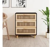 Teenpull Buffet noir 60 x 30 x 70 cm, en pin massif et rotin naturel, avec 3 tiroirs, espace de rangement pour salon, couloir, salle à manger, résistant à l'humidité