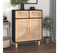 Teenpull Buffet Noir en Bois de pin Massif et rotin Naturel 60x30x75 cm avec tiroirs et Compartiments, Buffet Cabinet de Rangement pour Cuisine et Salle à Manger, Meuble Sideboard Pratique et Stable