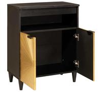 Teenpull Buffet noir et doré, 60 x 33 x 75 cm, bois massif mangue, avec 2 portes, pour salon, salle à manger, couloir
