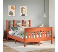 Teenpull Cadre de lit en bois massif 135 x 190 cm - Cadre de lit en pin massif - Sans matelas - Avec tête de lit et espace de rangement - Marron cire - Meubles pour chambre à coucher