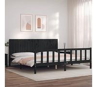 Teenpull Cadre de lit en bois massif noir 200 x 200 cm, lit en pin avec tête de lit, base de matelas stable pour un bon sommeil, meuble de chambre moderne avec sommier à lattes.