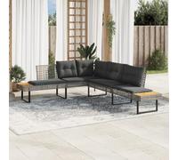Teenpull Canapé de Jardin en résine tressée Gris avec Coussins Gris foncé, Forme en L 282x228x74 cm, Cadre Acier Enduit de Poudre, 2 Tables d’appoint en Bois d’Acacia