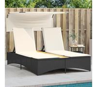 Teenpull Chaise longue double en polyrotin noir 136 x 202 cm avec toit réglable résistant aux UV et coussin blanc crème pour jardin, terrasse, piscine