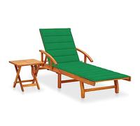 Teenpull Chaise longue en bois d'acacia massif avec table, coussin vert, réglable, roulettes, chaise longue de jardin pour terrasse, piscine, plage