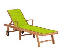 Teenpull Chaise Longue en Bois de Teck Solide avec Coussin Vert Vif, Dossier réglable 4 Positions, 2 Roues pour déplacement Facile, idéale pour Patio, Piscine, Plage et Espace extérieur Confortable