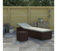 Teenpull Chaise longue en polyrotin marron, réglable, 195 x 60 x 31 cm, avec coussin blanc crème et table basse, résistant aux intempéries, pour jardin, terrasse, piscine, salon d'extérieur