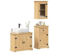 Teenpull Corona Ensemble de 3 meubles de salle de bain en pin massif finition cire miel, meuble de lavabo de salle de bain, armoire murale, aspect rustique, grand espace de rangement pour salle de