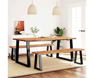 Teenpull Ensemble à Manger 3 pcs Bois Massif d'acacia avec Bord Vivant, Table 180x90 cm et 2 bancs 160 cm, Cadre Acier Noir Stable, idéal Salle à Manger Cuisine Design Naturel et Robuste