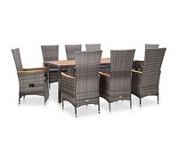 Teenpull Ensemble à Manger d'extérieur 9 pièces en résine tressée Grise avec Coussins Polyester Amovibles, Table en Bois d'acacia 190x90 cm, 8 chaises Dont 2 inclinables