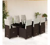 Teenpull Ensemble bistro de jardin de 9 pièces avec coussins, marron en polyrotin, fauteuils réglables, plateau de table en verre trempé, résistant aux UV, extérieur