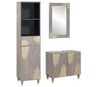 Teenpull Ensemble d'armoire de salle de bain - Montage mural - 3 pièces - Gris bois massif mangue - 62 x 33 x 58 cm - Avec miroir - Espace de rangement pour meubles de salle de bain - Vanité flottante