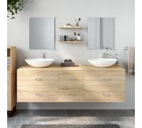 Teenpull Ensemble de 5 meubles de salle de bain en bois aspect chêne - Montage mural - Résistant à l'humidité - Avec meuble sous lavabo - 2 miroirs et 2 étagères - 150 x 45 x 45 cm