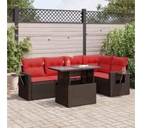 Teenpull Ensemble de 6 meubles de jardin modulaires en polyrotin marron acacia avec coussins, espace de rangement et table pliante pour terrasse, balcon, cour, jardin