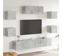 Teenpull Ensemble de 7 meubles TV gris béton en bois avec beaucoup d'espace de rangement, montage mural, 4 petites et 3 grandes armoires pour salon, médias, home cinéma et appareils hi-fi
