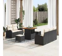 Teenpull Ensemble de 8 canapés de jardin en polyrotin noir et bois d'acacia - Meubles d'extérieur avec table - Pour terrasse, balcon, véranda, design moderne, durable