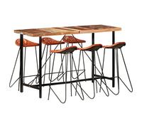 Teenpull Ensemble de Bar 7 pcs Bois de récupération et Cuir véritable, Table de Bar Industrielle 150x70x107 cm avec 6 chaises en Cuir de chèvre, Pieds en Acier Robustes, idéal pour Cuisine, Bistro