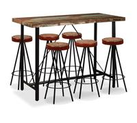 Teenpull Ensemble de Bar 7 pcs Bois de récupération Massif Cuir véritable et Toile, Table de Bar 150x70x107 cm avec 6 tabourets Robustes en Acier, Style Industriel Confortable pour Cuisine, Bistro
