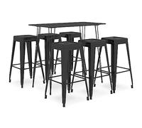Teenpull Ensemble de Bar 7 pcs Noir avec Table de Bar MDF 120x60x105 cm et 6 tabourets métalliques empilables pour Cuisine, Bistro, Salle à Manger, intérieur Moderne, stabilité renforcée