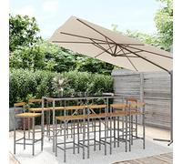 Teenpull Ensemble de Bar Jardin 11 pièces Gris Poly rotin avec Bois Massif Acacia Table Verre trempé 180x70x110 cm 10 chaises Confortables Acier Enduit de Poudre mobilier extérieur Patio