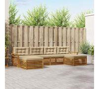 Teenpull Ensemble de canapé 6 pièces en bois d'acacia massif naturel et beige, mobilier modulaire avec design à lattes, avec ensemble de sièges et coussins, idéal pour le salon, la terrasse et le
