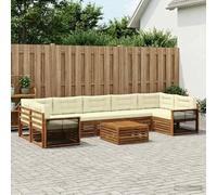 Teenpull Ensemble de canapé d'extérieur 8 pièces en bois d'acacia massif avec coussins confortables, naturel et crème, ensemble de jardin résistant aux intempéries avec table, salon modulaire pour