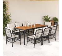 Teenpull Ensemble de Jardin 9 pièces résine tressée Noir avec Coussins Blancs crème Table Bois Acacia 190x90x75 cm chaises Confortables Acier Enduit de Poudre pour terrasse et Patio Repas extérieur
