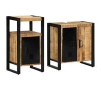 Teenpull Ensemble de meubles de salle de bain, 2 pièces, marron et noir, en bois massif de mangue, 55 x 35 x 60 cm, avec 3 tiroirs et étagères, pour une rénovation élégante de salle de bain