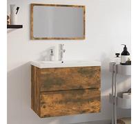 Teenpull Ensemble de meubles de salle de bain en bois de chêne fumé, 60 x 38,5 x 45 cm, avec meuble sous lavabo, miroir et bac encastré en céramique, montage mural pour salle de bain