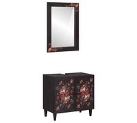 Teenpull Ensemble de Meubles de Salle de Bain en Bois de Mangue Massif 2 pcs Montage Mural avec Miroir Plan et Porte à Motif Floral pour Rangement Pratique et Design Contemporain