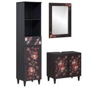 Teenpull Ensemble de Meubles de Salle de Bain en Bois de Mangue Massif avec tiroir et Miroir, 3 pièces, Cabinet sous évier, Motifs Floraux, Boutons en Laiton