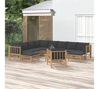Teenpull Ensemble de salon de jardin 12 pièces en bambou finition huile naturelle, coussins gris foncé, ensemble de meubles d'extérieur modulaires pour terrasse, balcon et jardin