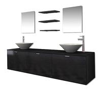Teenpull Ensemble Meuble de Salle de Bain Noir avec lavabo en céramique, Robinet mitigeur chromé, Armoire Murale 180x45x45 cm, 2 miroirs, 3 étagères, 2 lavabos, 2 robinets pour Espace optimisé