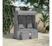 Teenpull Fauteuil de plage avec coussin, rotin synthétique et bois massif gris, 115 x 55 x 156 cm, dossier réglable sur 3 positions, auvent, coussin de tête et de dossier rembourrés, repose-pieds