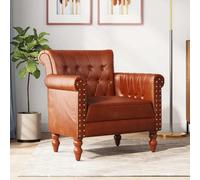 Teenpull Fauteuil marron en cuir de chèvre véritable, bois de manguier massif, 77 x 63 x 76 cm, chaise d'accent vintage, fauteuil de lecture confortable pour chambre à coucher
