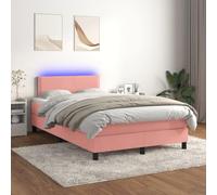 Teenpull Lit à sommier tapissier 120 x 200 cm en velours rose rembourré, avec matelas à ressorts ensachés, surmatelas et tête de lit réglable en hauteur, éclairage LED coloré, cadre de lit, meuble