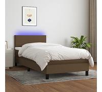 Teenpull Lit à sommier tapissier, 90 x 190 cm, marron foncé, avec matelas de qualité supérieure, éclairage LED et tête de lit réglable en hauteur, housse en tissu, cadre de lit simple, confortable
