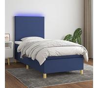 Teenpull Lit à sommier tapissier 90 x 200 cm, bleu, rembourré en tissu résistant, avec matelas à ressorts ensachés et surmatelas, tête de lit réglable en hauteur, éclairage LED