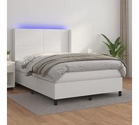 Teenpull Lit à sommier tapissier, avec matelas à ressorts ensachés, éclairage LED et tête de lit réglable en hauteur, en cuir synthétique blanc, 140 x 190 cm, ensemble complet de meubles de chambre à