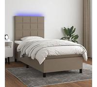 Teenpull Lit à sommier tapissier, avec matelas à ressorts ensachés et tête de lit réglable en hauteur, housse en tissu taupe, lit simple de 90 x 200 cm, avec LED, surmatelas pour un sommeil réparateur