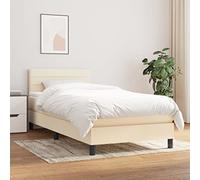 Teenpull Lit à sommier tapissier avec matelas, crème, 90 x 190 cm, lit simple, rembourré, confortable, meubles de chambre à coucher, avec tête de lit et surmatelas, cadre de lit en tissu respirant