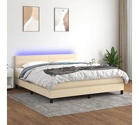 Teenpull Lit à sommier tapissier avec matelas, éclairage LED et tête de lit, housse en tissu crème, 160 x 200 cm, pour un sommeil réparateur, ensemble de meubles de chambre à coucher modernes