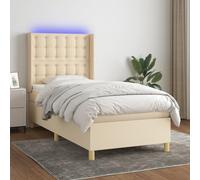 Teenpull Lit à sommier tapissier, avec matelas et éclairage LED, crème, 90 x 190 cm, housse en tissu, tête de lit réglable, matelas à ressorts ensachés pour un sommeil réparateur, ensemble de meubles