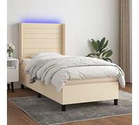 Teenpull Lit à sommier tapissier, avec matelas et LED crème, 80 x 200 cm, en tissu, tête de lit réglable en hauteur, avec matelas à ressorts ensachés, surmatelas