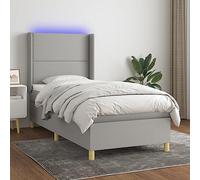 Teenpull Lit à sommier tapissier avec matelas, tête de lit réglable et éclairage LED, 90 x 190 cm, tissu gris clair, ensemble de chambre à coucher moderne