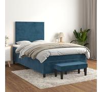 Teenpull Lit à sommier tapissier, bleu foncé, 120 x 200 cm, rembourré en velours, avec matelas à ressorts ensachés, tête de lit réglable en hauteur, banc, pour un sommeil réparateur, élégant ensemble