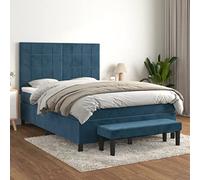 Teenpull Lit à sommier tapissier bleu foncé, 140 x 190 cm, lit rembourré en velours avec matelas à ressorts ensachés, tête de lit réglable et banc pour un sommeil réparateur, meubles de chambre à