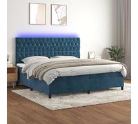 Teenpull Lit à sommier tapissier de luxe, 200 x 200 cm, avec matelas à ressorts ensachés, tête de lit réglable, éclairage LED intégré, velours bleu foncé, ensemble complet de meubles de chambre à